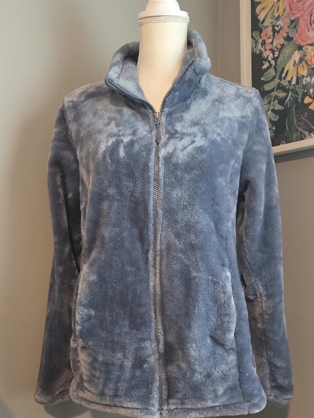 32 Degrees Plush Full-Zip Teddy Jacket in Slate Blue Size Medium